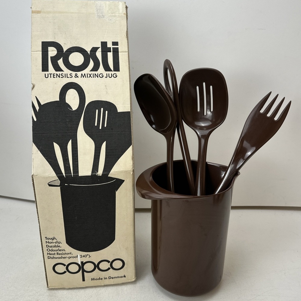 Vintage Rosti Melamine Denmark Brown Mixing Jug & 4 Utensils Copco